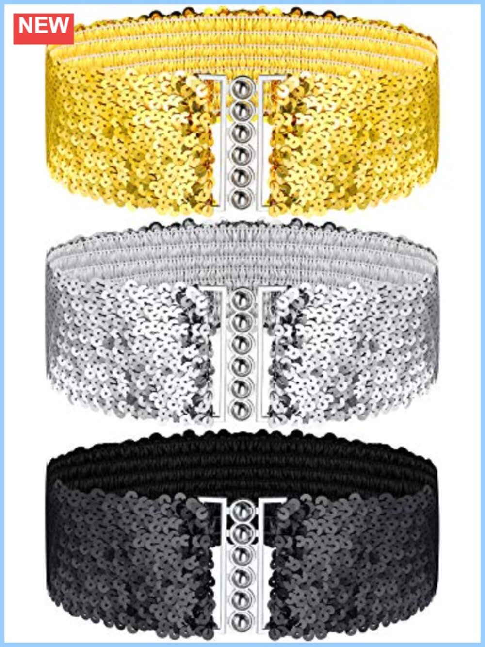 3 Pc Sequin Elastic Cinch Belt Set Retro 70s 80s Disco Costume Party